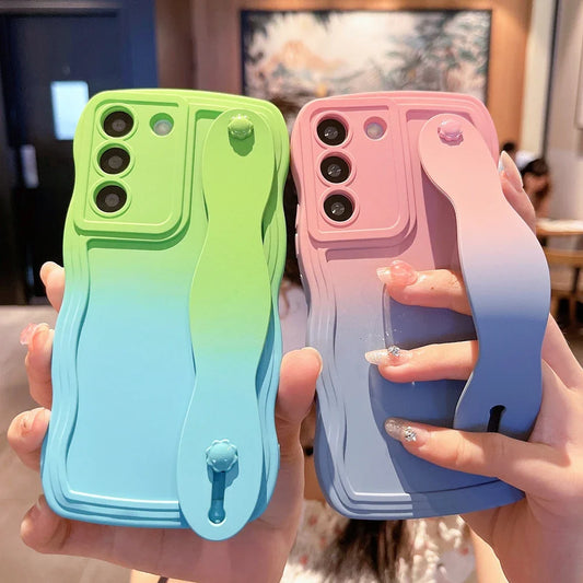 Gradient Wristband Bracket Case for Samsung Galaxy S24 S23 Ultra S22 Plus S21 S20 FE A54 A34 A53 A52 A14 Wrist Strap Stand Cover