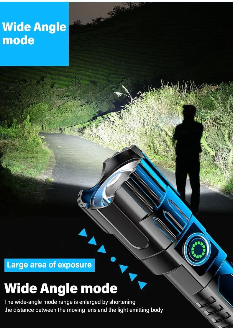 BlazeCore 2000LM Tactical LED Zoom Flashlight – USB Rechargeable Emergency Torch with Power Display, 3 Modes & Telescopic Zoom