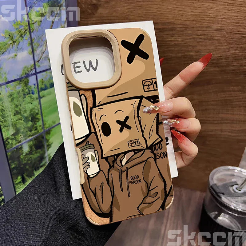 Cartoon Box Man Pattern Leather Phone Case For iPhone 16 15 14 13 12 11 Pro Max XS X XR 15 Plus Luxury Shockproof Back Cover
