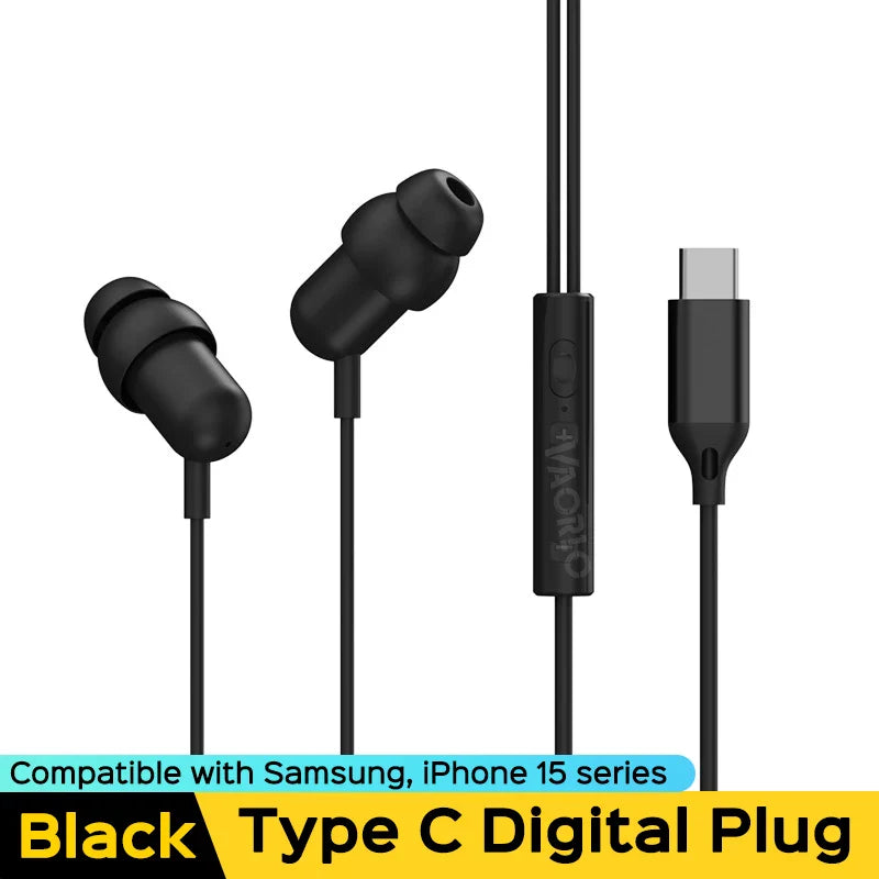VAORLO 3.5MM AUX /Type C Digital Chip Wired Sleeping Earphones With Microphone Wire Control In Ear Headset For Samsung iPhone 15