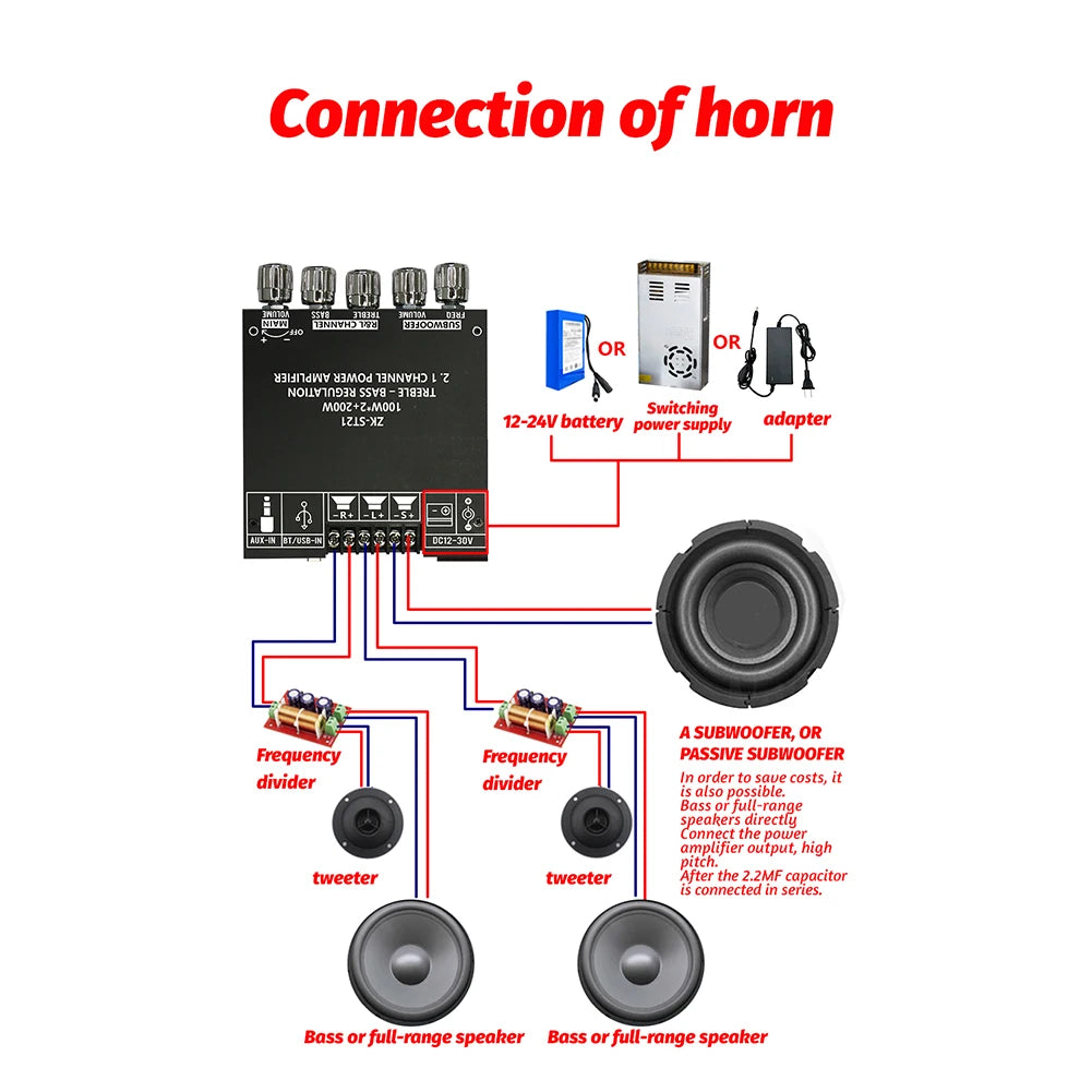 ZK-ST21 Bluetooth-Compatible 2.1 Channel Digital Power Subwoofer Amplifier Module – 100W+100W+200W with TPA3221 Chip