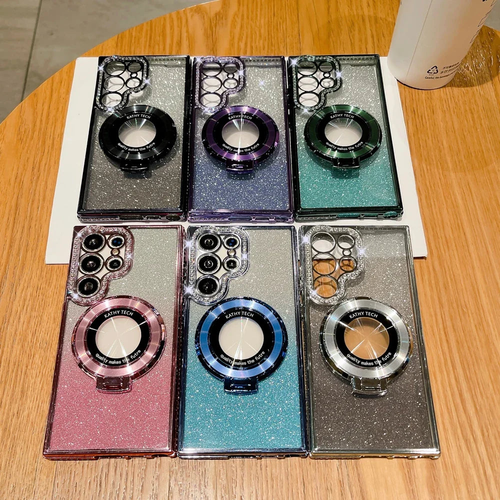 Glitter Diamond for Magsafe Stand Case for Samsung Galaxy S24 Ultra S23 S22 Plus Bracket Ring Holder Magnetic Gradient Cover