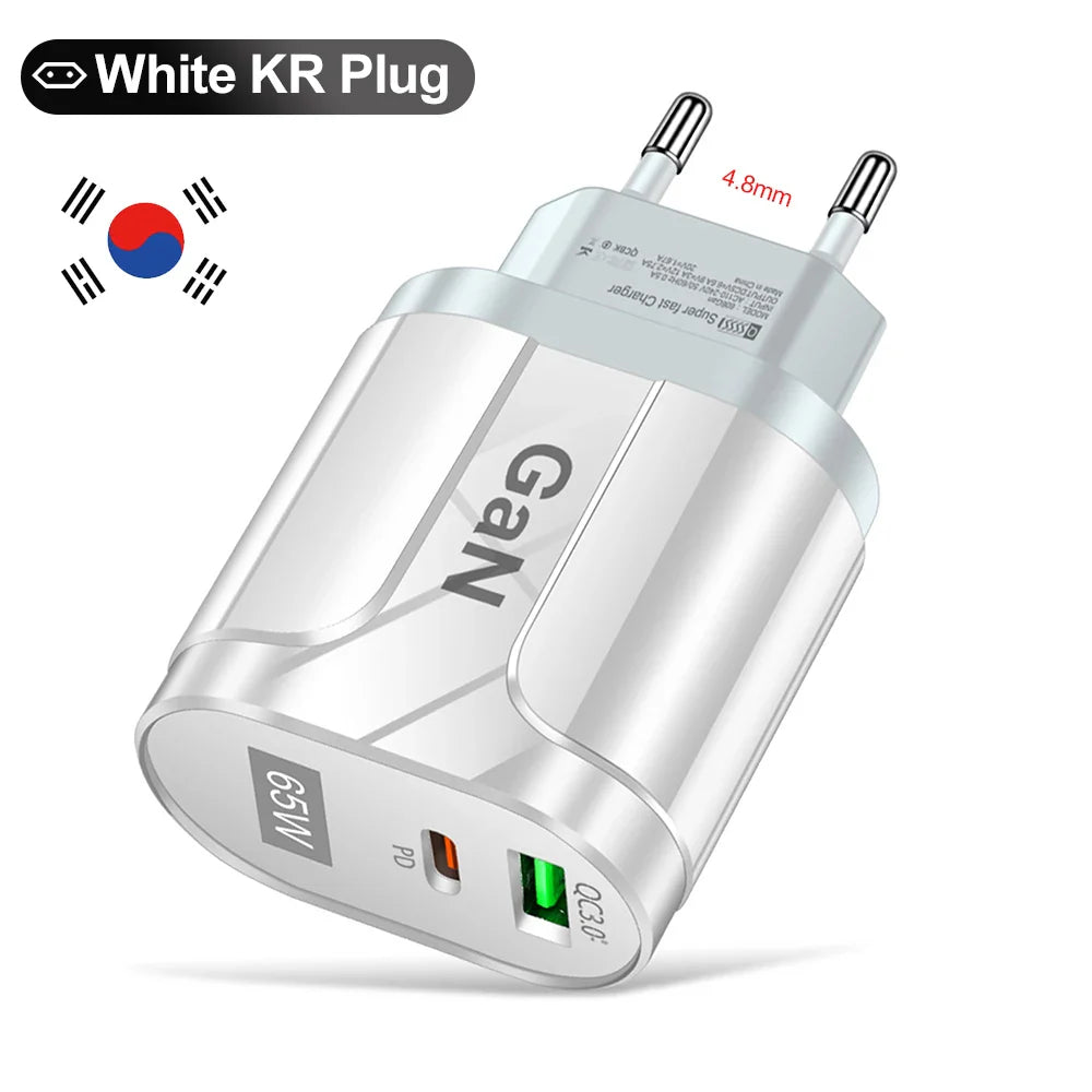 65W GaN USB C Charger Quick Charge Korea EU US Plug PD USB-C TypeC Fast USB Charger For iPhone 14 Xiaomi Samsung Macbook