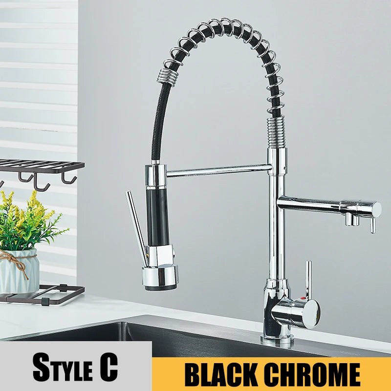 Nickel Kitchen Sink Faucet Pull Down Hot and Cold Water Mixer2 Mode Tap with Dual Spout 360 Rotation Flexible Deck Mounted - THOOBO!