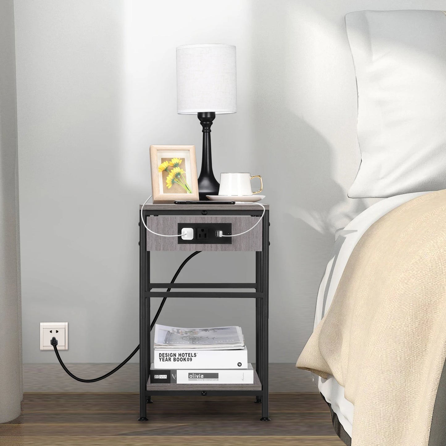 DreamSync Duo Nightstands — Set of 2 Modern End Tables with Built-In Charging Station