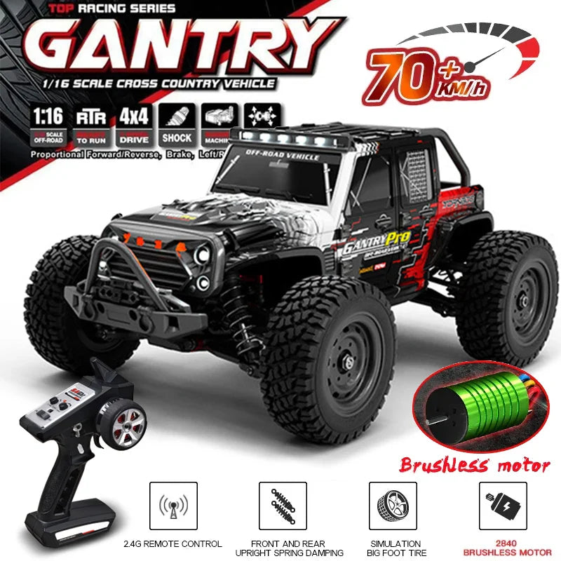 16103PRO 2.4GHz RC Car 70KM/H: Brushless 1:16 4WD Off-Road Vehicle with LED