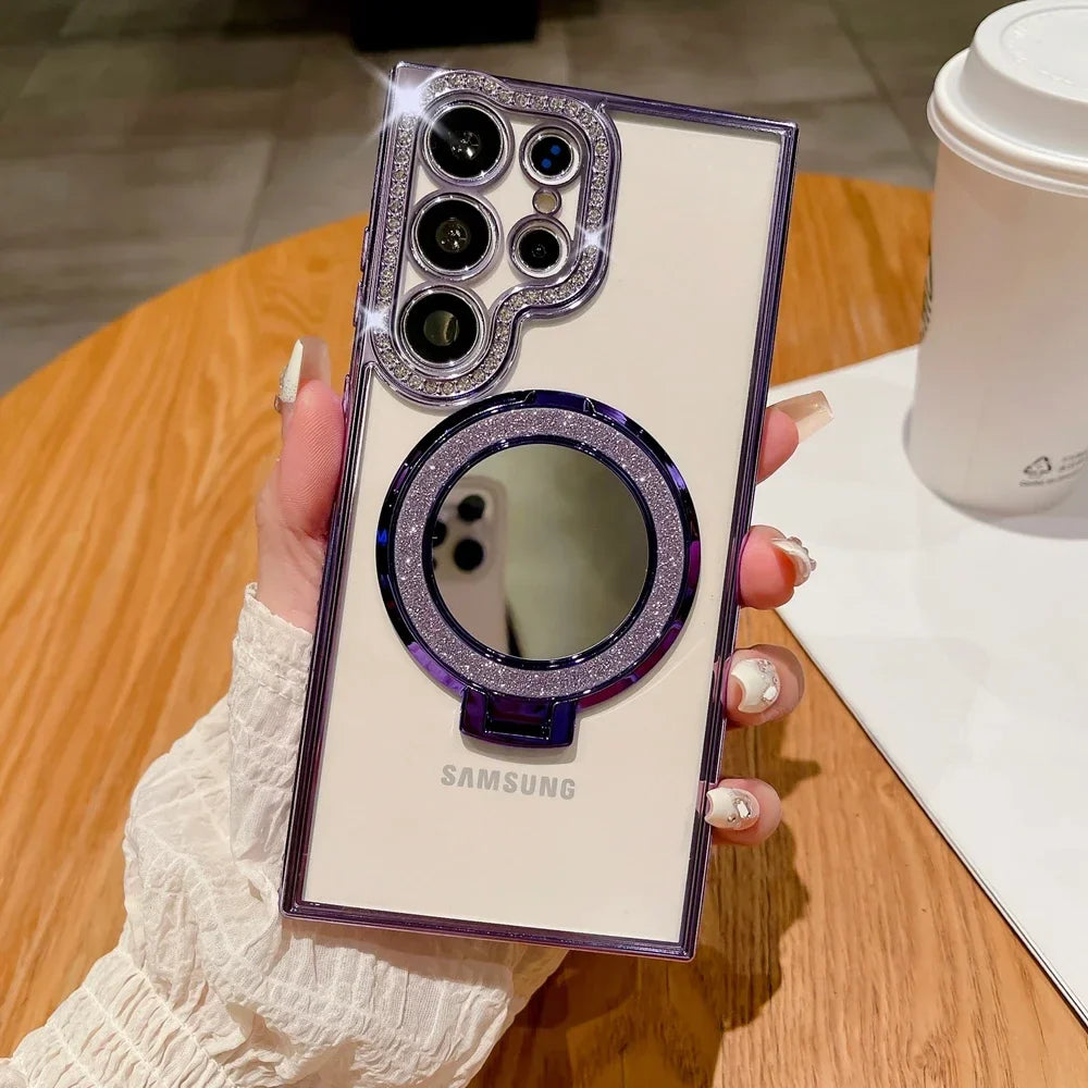 Luxury Glitter Mirror for Magsafe Case for Samsung Galaxy S24 Ultra S23 S22 Plus Bracket Stand Diamond Plating Transparent Cover