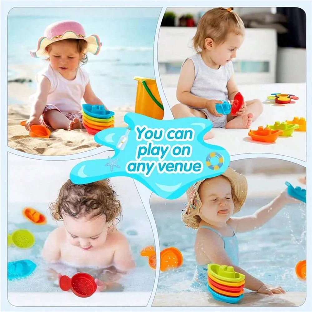 Baby Stacking Bath Toys – Rainbow Cups, Boats & Spoons Set