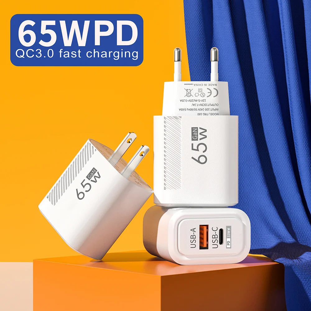 65W GAN 2 Ports Charger USB Type C PD Quick Charge 3.0 Mobile Phone Wall Adapter for iPhone 15 Pro max Huawei Xiaomi EU/US Plug