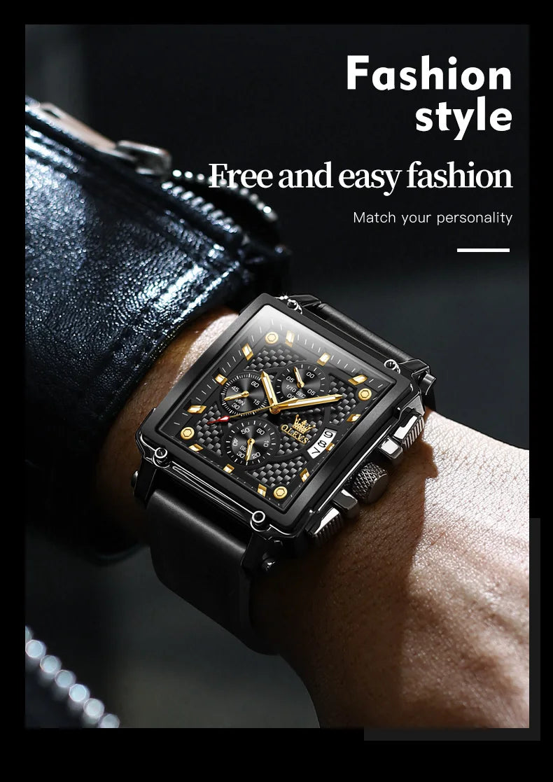 OLEVS Golden Square Quartz Watch — Waterproof Leather Strap, Luminous Date Display, Large Dial Men’s Luxury Timepiece 9925