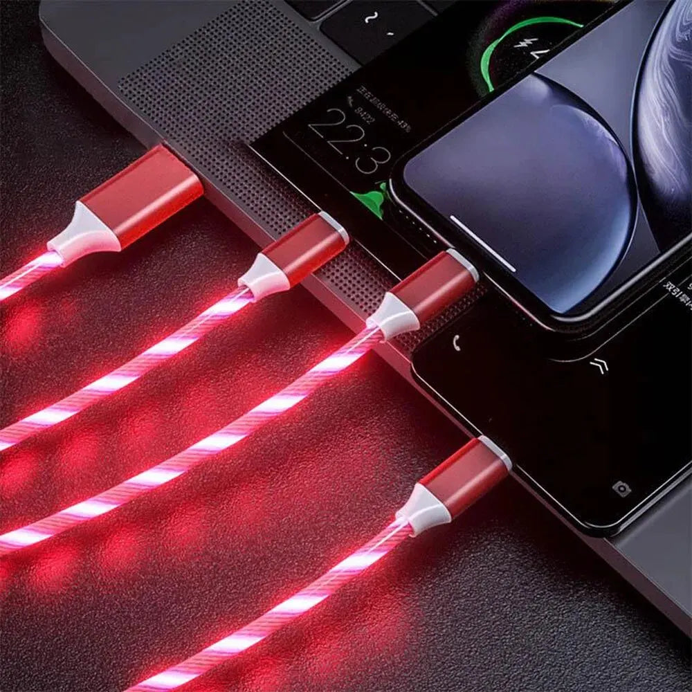 3 in 1 Fast Charging Cable with LED Lighting, 3A, Micro USB Type C, for IPhone, Samsung, Xiaomi, Phone Charger