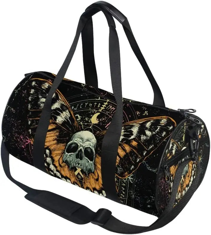 ShadowMoth Traveler — Gothic Skull & Moth Canvas Duffle Bag for Gym, Travel & Night Flights