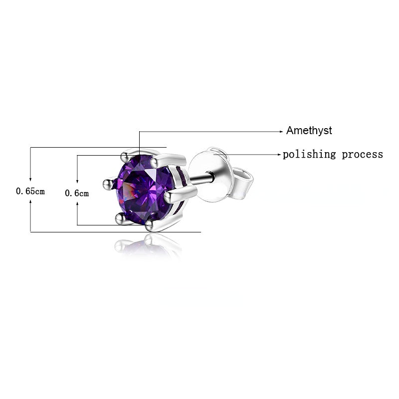 Twilight Spark Amethyst Studs – radiant round-cut silver earrings for weddings, nights out & everyday magic