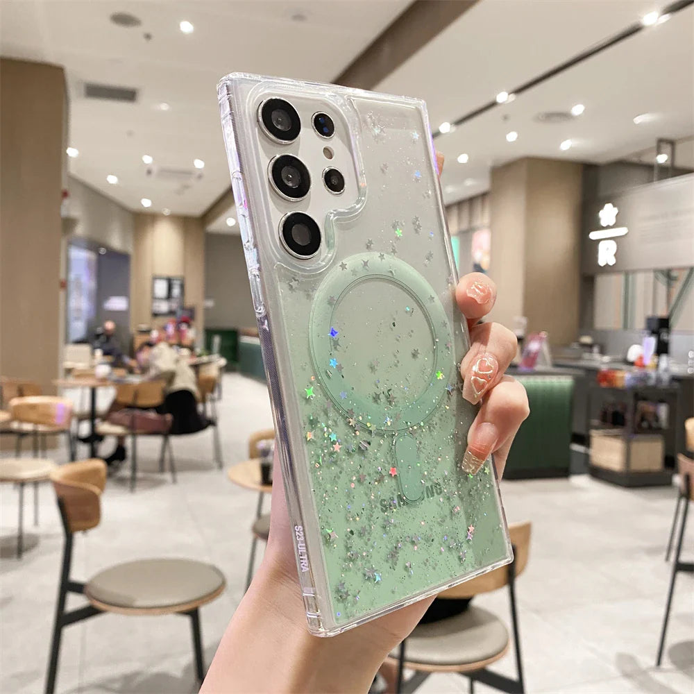 for Samsung S23 Ultra Gradient Glitter Epoxy Case for Samsung Galaxy S23 Plus S22 Ultra for Magsafe Magnetic Transparent Cover