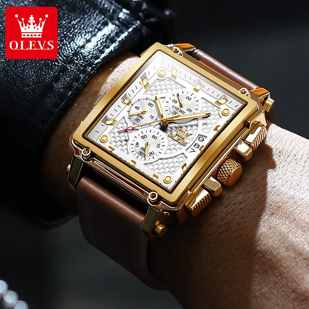OLEVS Golden Square Quartz Watch — Waterproof Leather Strap, Luminous Date Display, Large Dial Men’s Luxury Timepiece 9925
