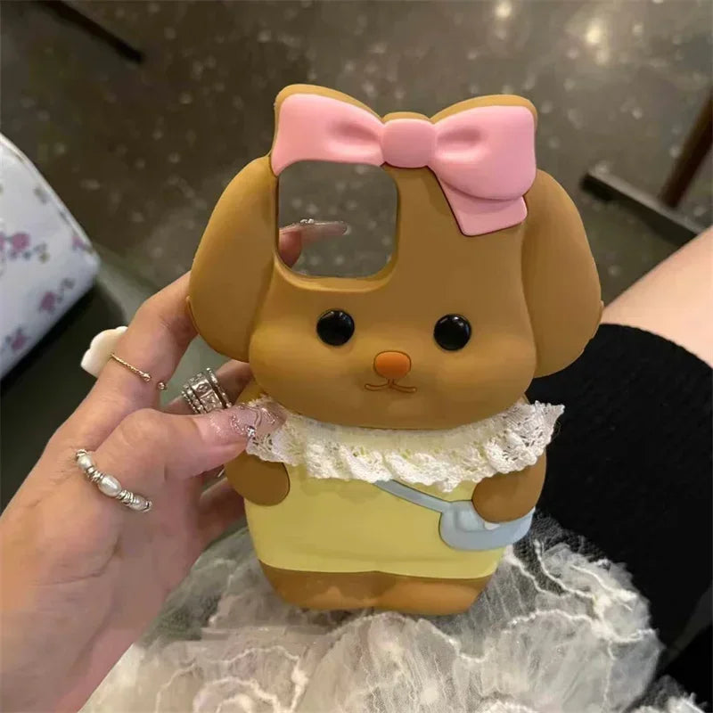 Silicone Cartoon Pink Bow Dog Suitable For Iphone 16 15 Pro Max  12 13 14 All Inclusive Protective Case