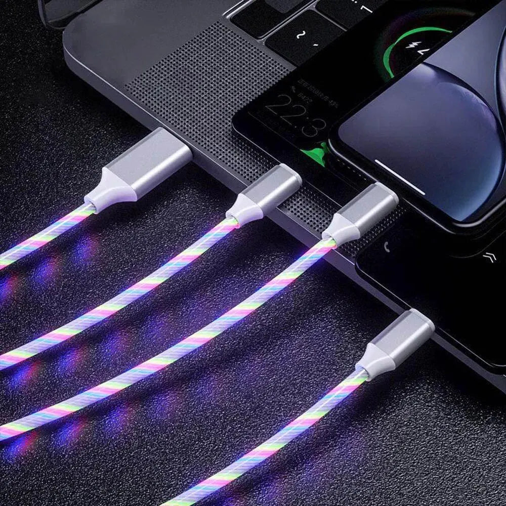 3 in 1 Fast Charging Cable with LED Lighting, 3A, Micro USB Type C, for IPhone, Samsung, Xiaomi, Phone Charger