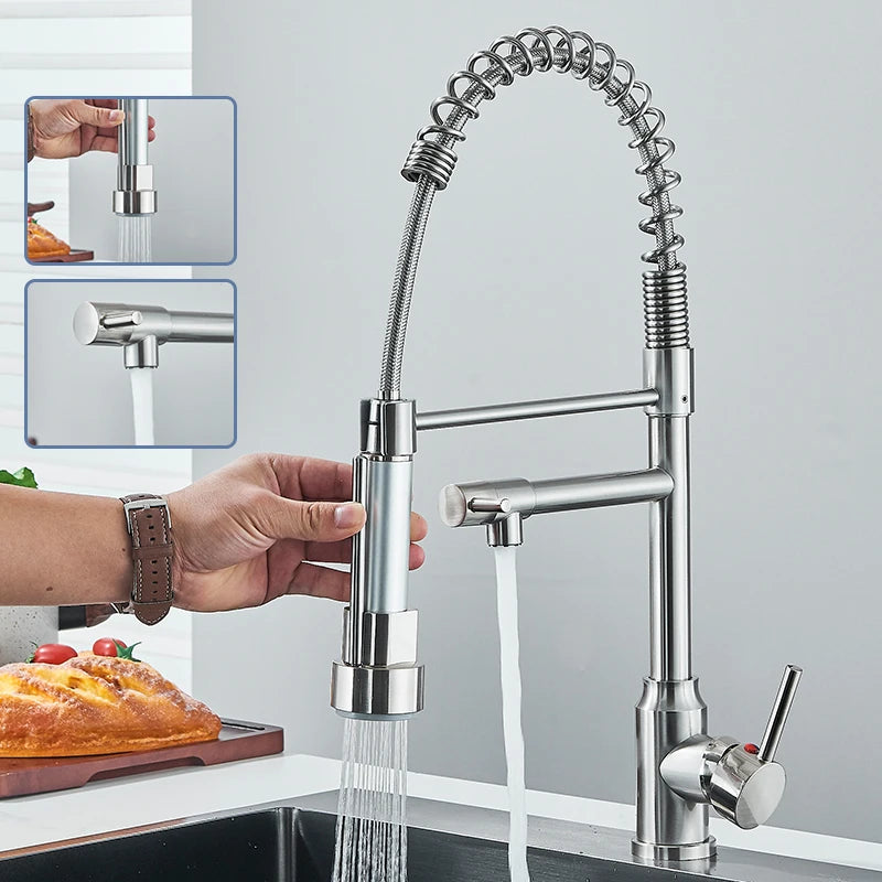 Nickel Kitchen Sink Faucet Pull Down Hot and Cold Water Mixer2 Mode Tap with Dual Spout 360 Rotation Flexible Deck Mounted - THOOBO!