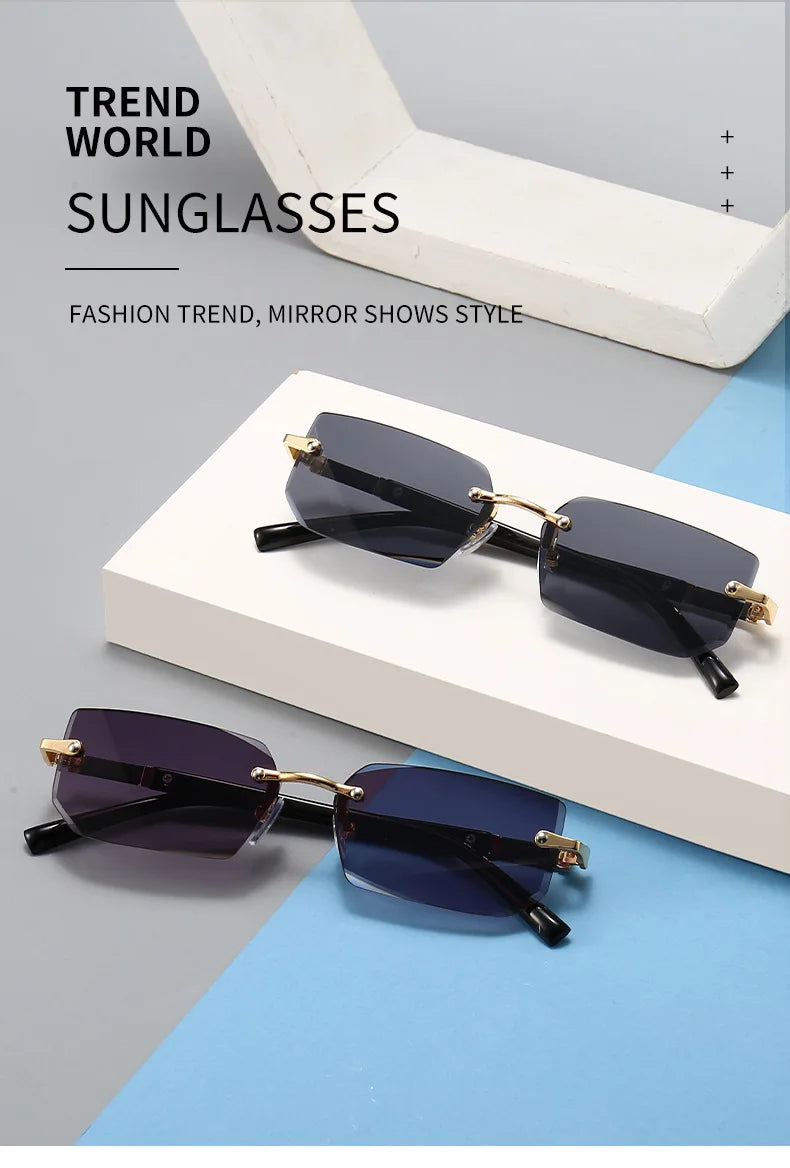 Rimless Sunglasses Rectangle Fashion Popular Women Men Shades Small Square Sun Glasses For Female Male Summer Traveling Oculos - THOOBO!