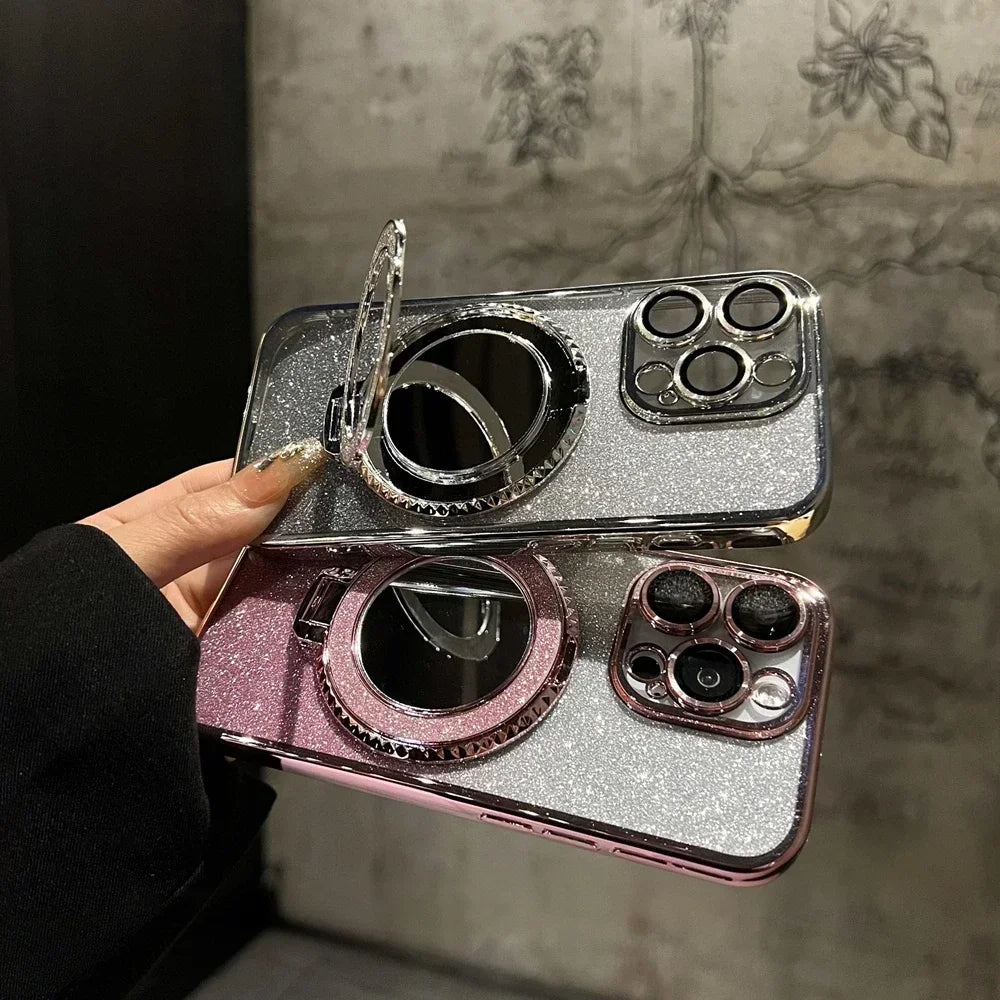 Luxury Glitter Mirror Stand Case for iPhone 16 15 14 13 12 Pro Max 11 X Xr XsMax 7 8 Plus Bracket Gradient Make Up Plating Cover