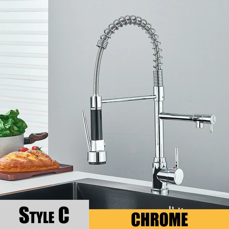 Nickel Kitchen Sink Faucet Pull Down Hot and Cold Water Mixer2 Mode Tap with Dual Spout 360 Rotation Flexible Deck Mounted - THOOBO!