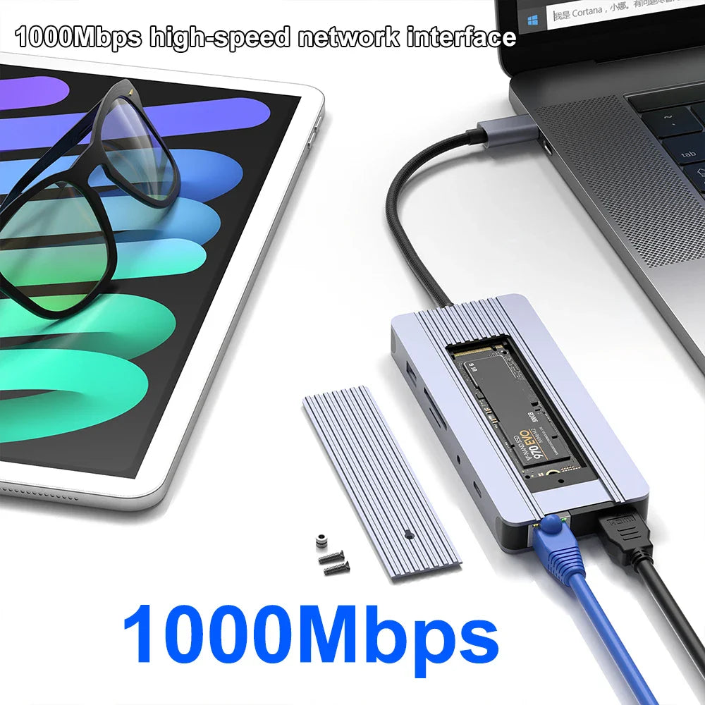 12-in-1 USB C Docking Station M.2 SSD Enclosure USB C HUB TYPE C to HDMI Adapter 4K60Hz 1000Mbps PD100W USB3.0 5Gbps For Macbook