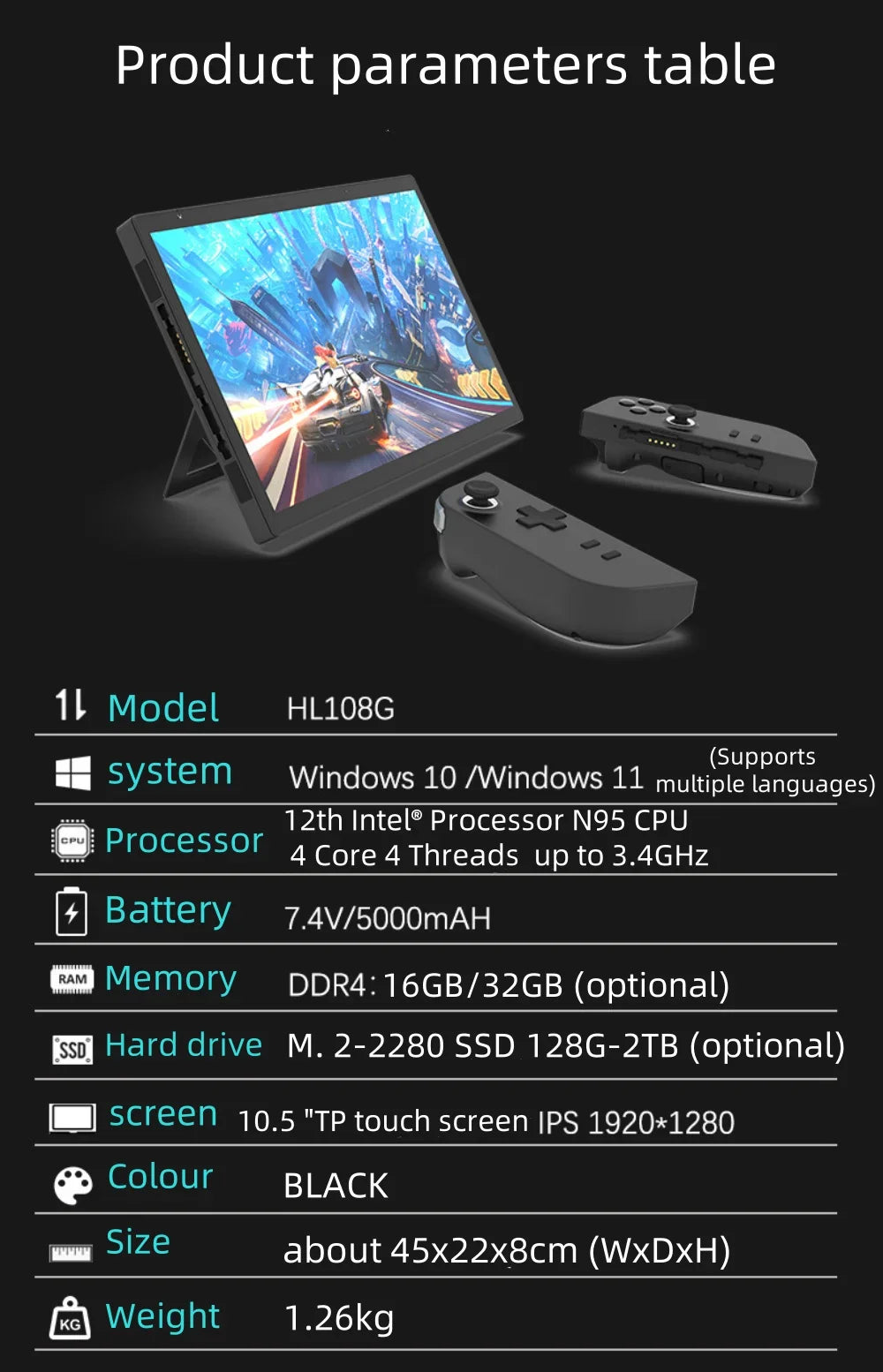 10.5" Handheld Gaming PC Intel N95 16GB RAM 512GB/1TB SSD Gaming PC Portable Mini Laptop with Detachable Gamepad Touch Screen PC