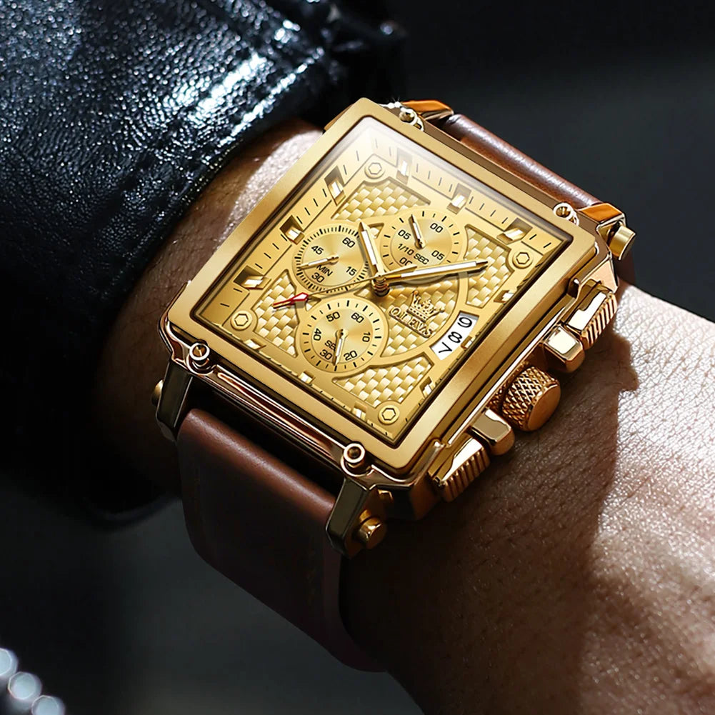 OLEVS Golden Square Quartz Watch — Waterproof Leather Strap, Luminous Date Display, Large Dial Men’s Luxury Timepiece 9925