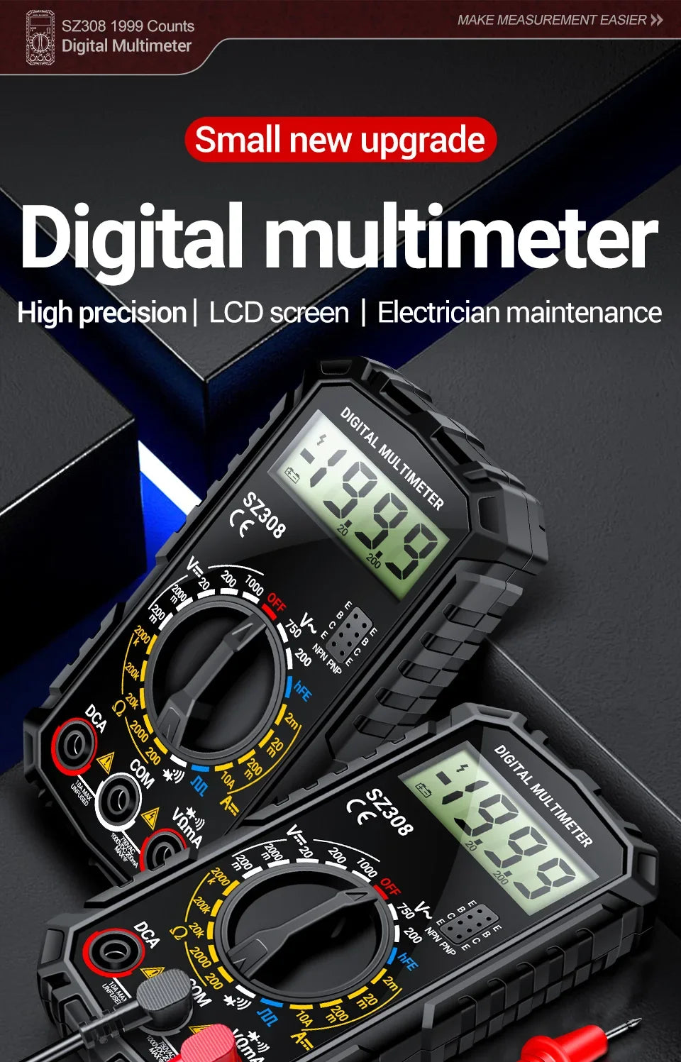 SZ308 Digital Voltage Commander – 1999 Count Multimeter with HFE, Triode Test, and Square Wave Generator