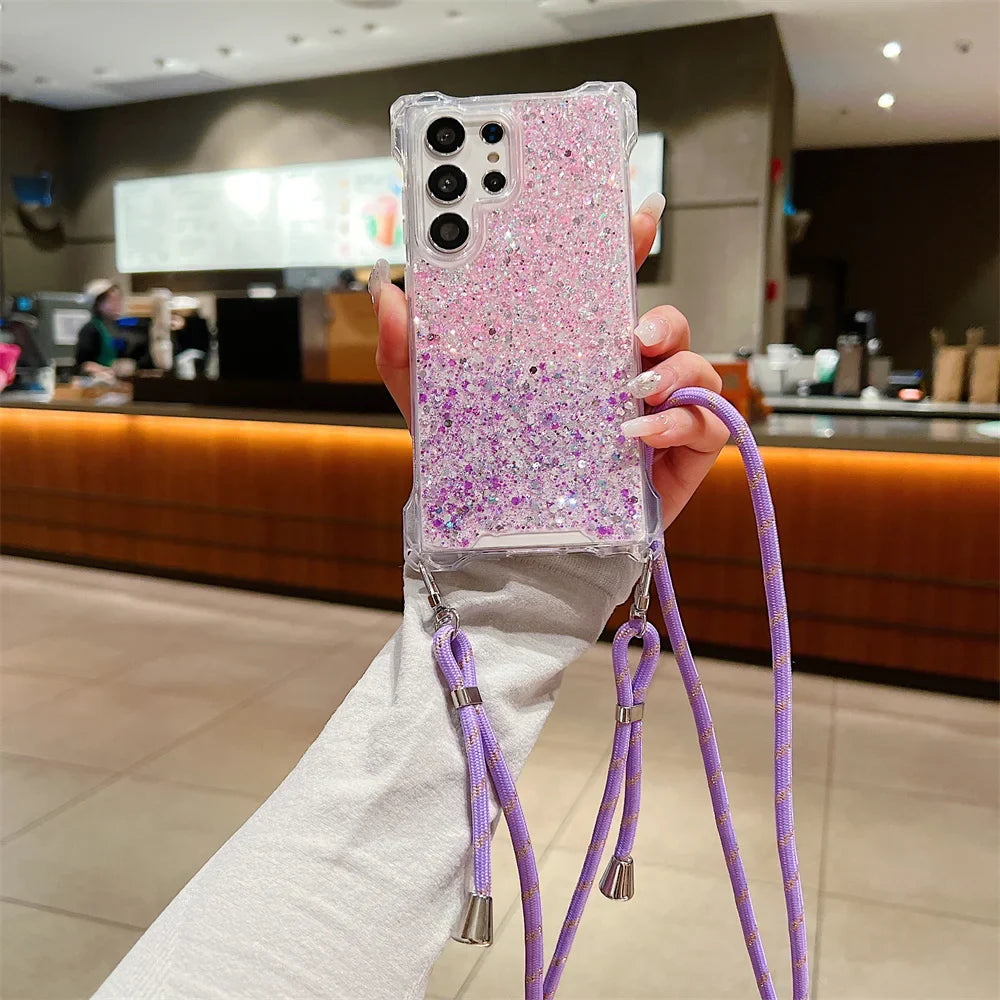 Glitter Gradient Crossbody Case for Samsung Galaxy S24 Ultra S22 S23 Plus A55 A54 A34 A14 A15 A53 Lanyard Necklace Bumper Cover
