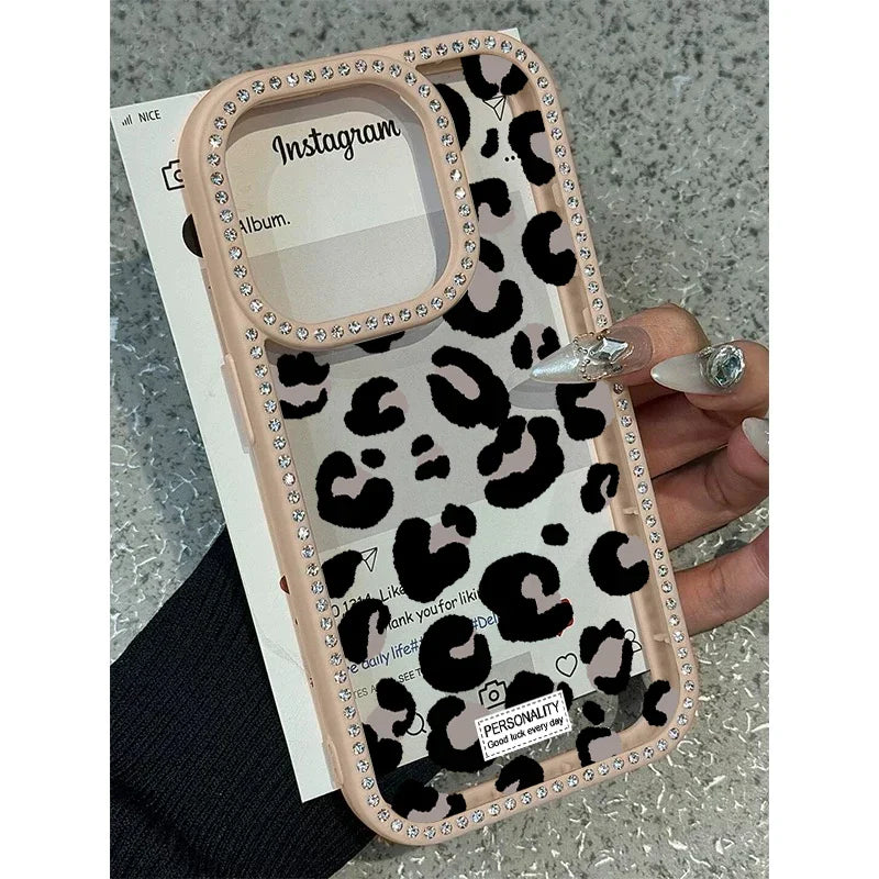 Pink Black Leopard Print Diamond Inlaid Frame Plain Case for iPhone 16 15 14 Plus 13 12 11 Pro Max Acrylic Silicone Hard Cover
