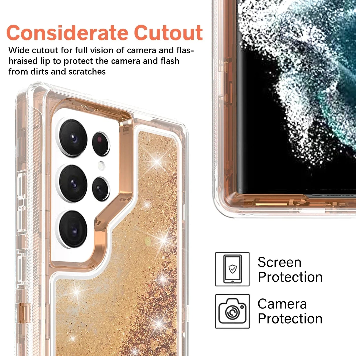 For Samsung Galaxy S23 Ultra S22 S21 S20 S10 Plus Note 20 10 Heavy Duty Transparent Glossy Shockproof Liquid Glitter Rugged Case
