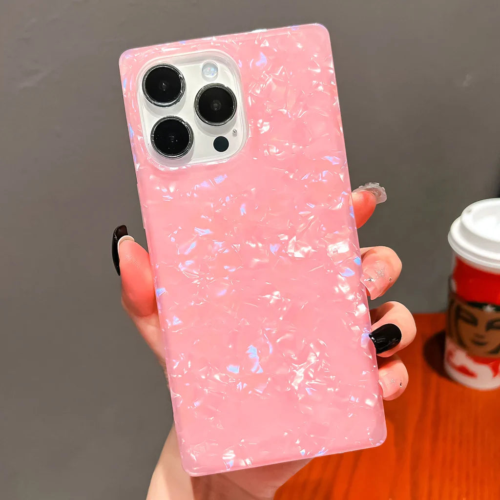 Mother Pearl Case For iPhone 11 12 13 14 15 16 Pro Max Plus Rectangle Edge Case, Slim Colorful Abalone Pearl Soft Silicone Cover