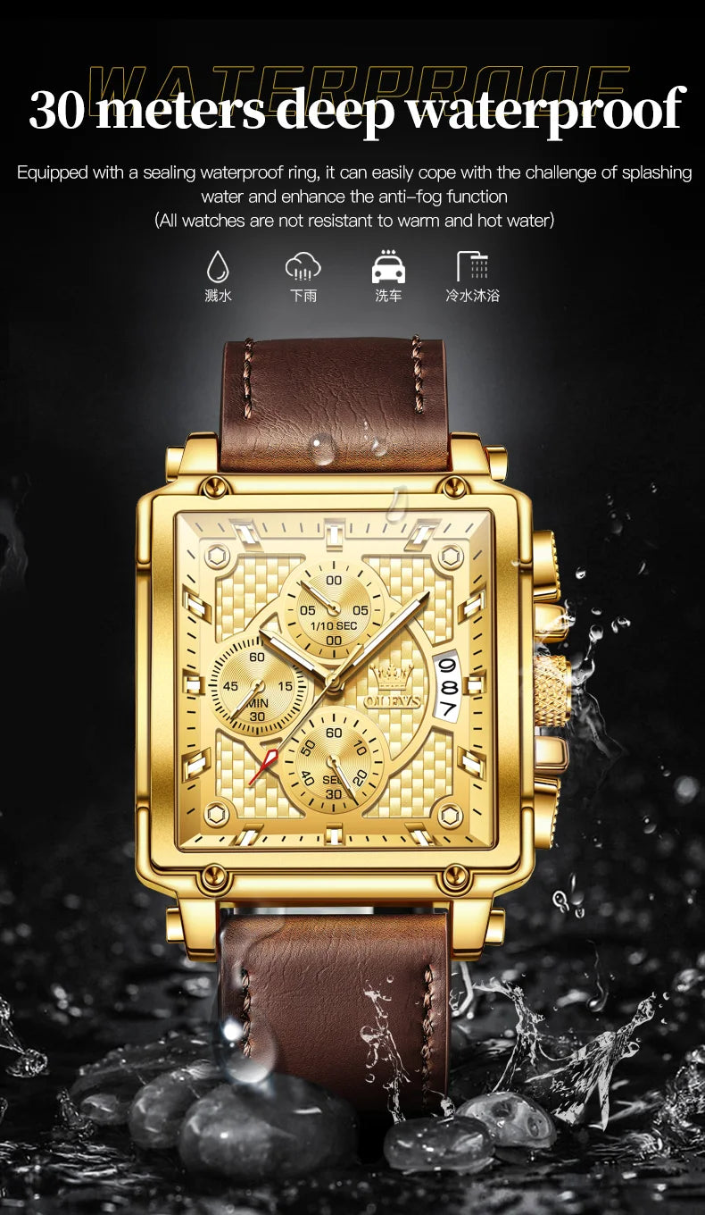 OLEVS Golden Square Quartz Watch — Waterproof Leather Strap, Luminous Date Display, Large Dial Men’s Luxury Timepiece 9925