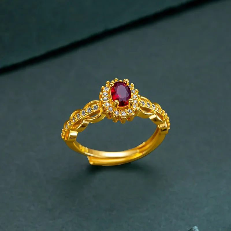 Crimson Vow Ruby Ring — Real 14K Gold Color Open Band with Sparkling Zircon Accents for Brides & Birthdays