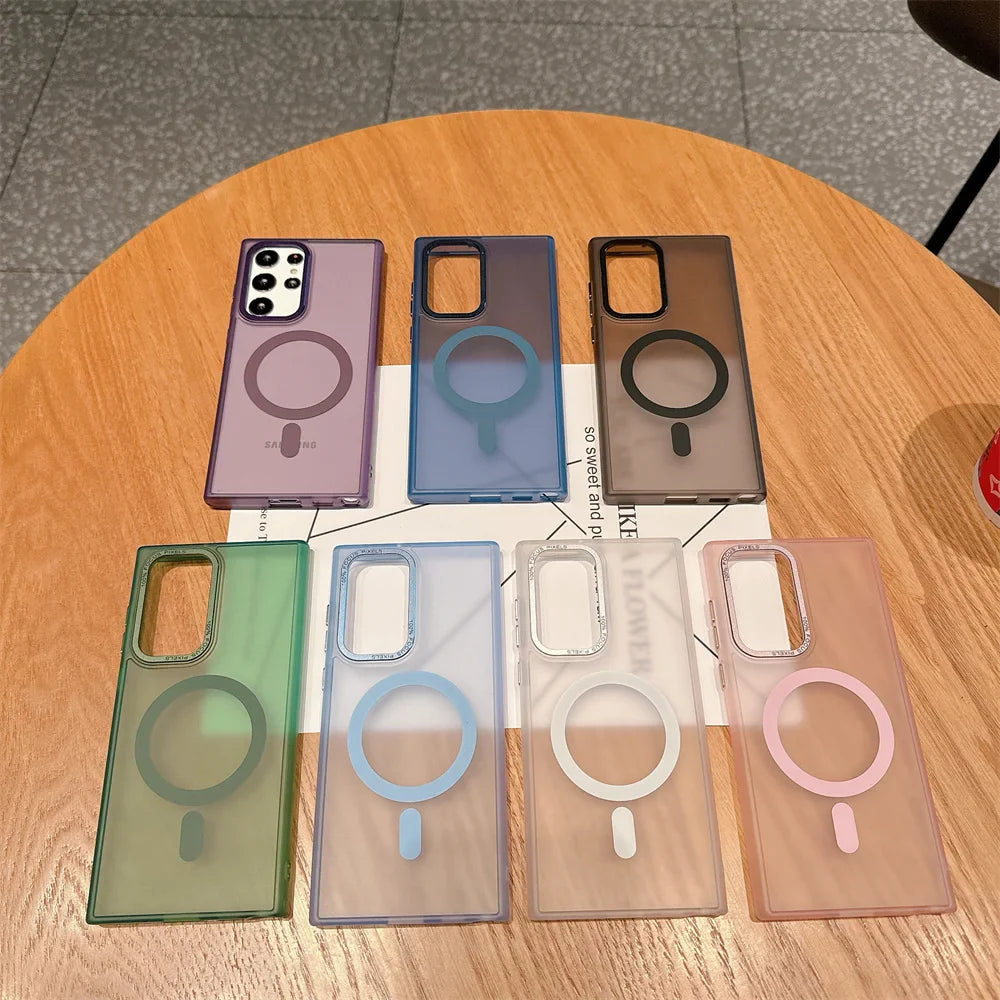 for Magsafe Transparent Matte Case for Samsung Galaxy S24 Ultra S23 S22 Plus Magnetic Hard Acrylic Ultra Slim Shockproof Cover