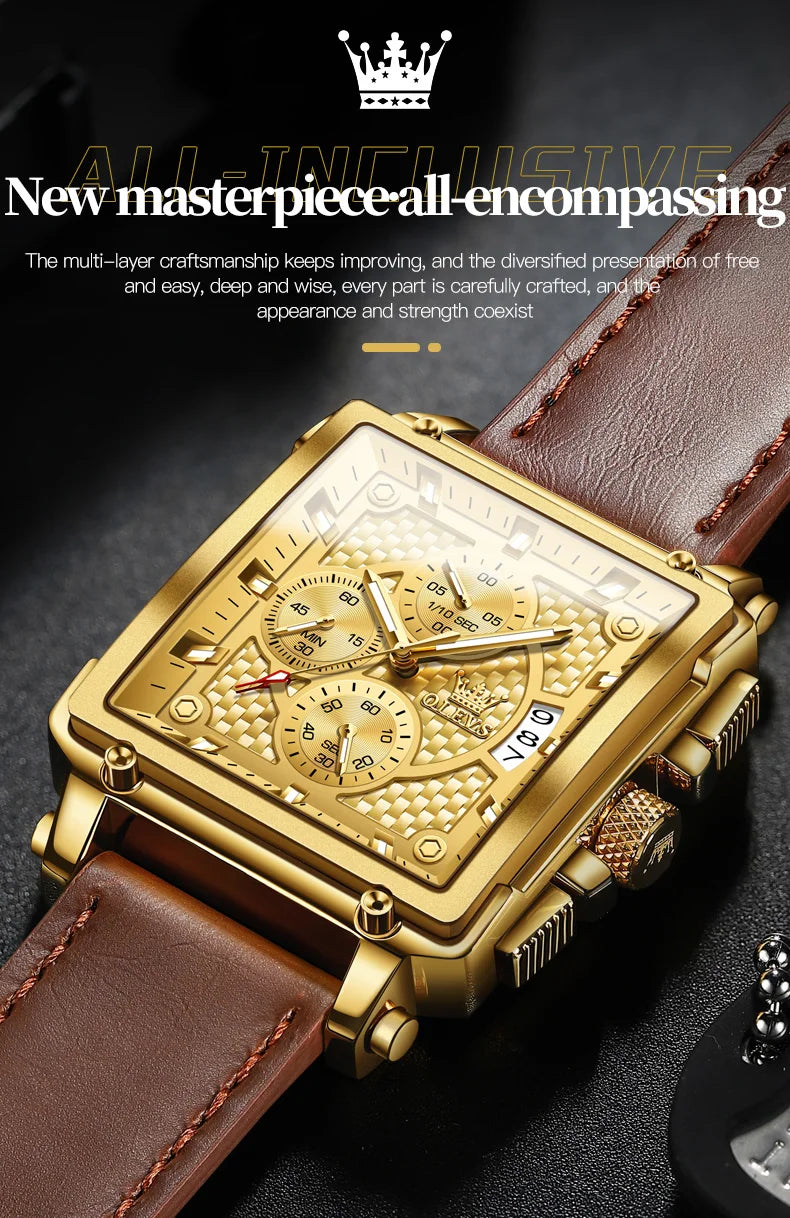 OLEVS Golden Square Quartz Watch — Waterproof Leather Strap, Luminous Date Display, Large Dial Men’s Luxury Timepiece 9925