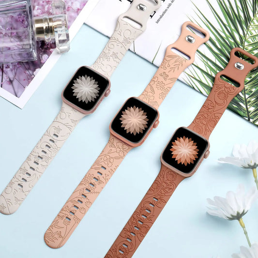 FloraPop Silicone Watch Band – Romantic Wildflower Engraved Strap for Apple Watch 38mm–49mm (Series 1–Ultra 2)