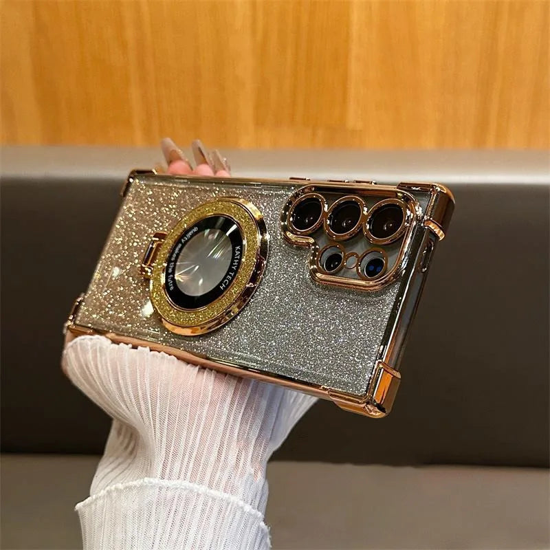 for Magsafe Glitter Bracket Case for Samsung Galaxy S24 Ultra S23 FE S22 Plus Note 20 Stand Holder Gradient Plating Bling Cover