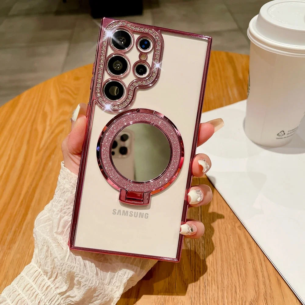 Luxury Glitter Mirror for Magsafe Case for Samsung Galaxy S24 Ultra S23 S22 Plus Bracket Stand Diamond Plating Transparent Cover