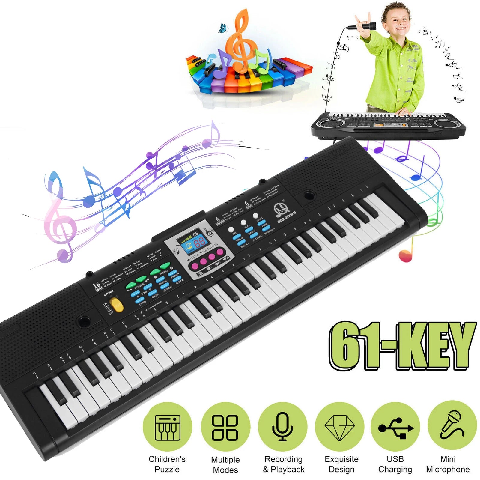 61 Keys Digital Music Electronic Keyboard Multifunctional Electric Piano for Piano with Microphone Function Musical Instrument - THOOBO!