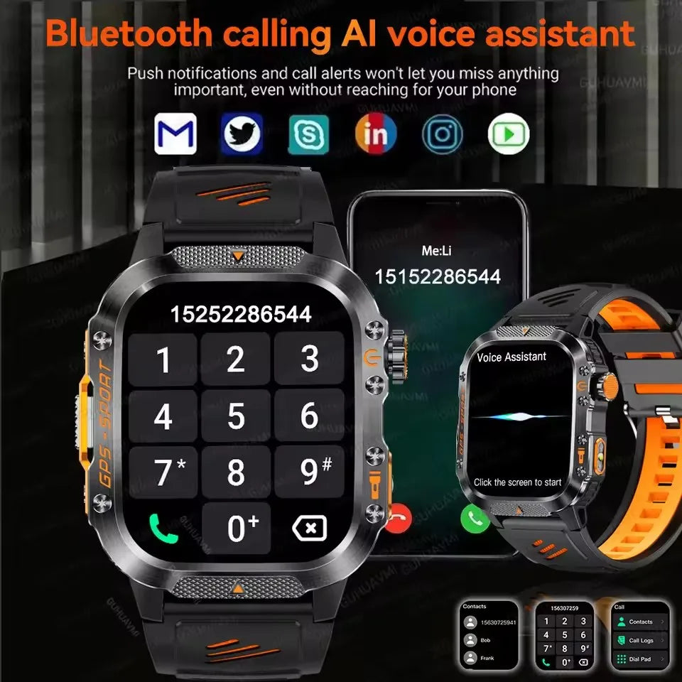 2025New GPS Smart Watch For Xiaomi IOS Military Compass Flashlight Smartwatch Men 10ATM Waterproof 100+Sport Modes BT Call Watch