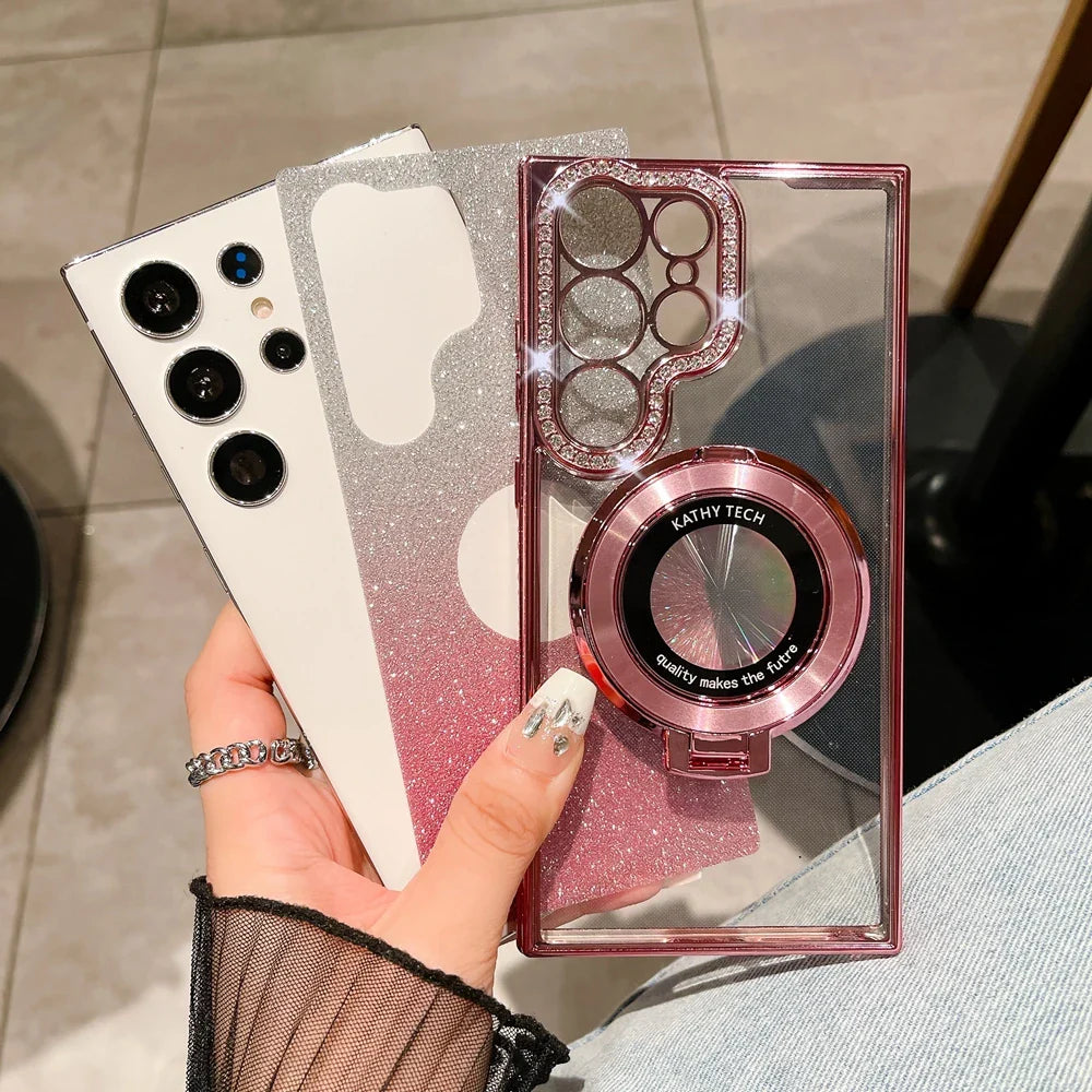 Glitter Diamond for Magsafe Stand Case for Samsung Galaxy S24 Ultra S23 S22 Plus Bracket Ring Holder Magnetic Gradient Cover