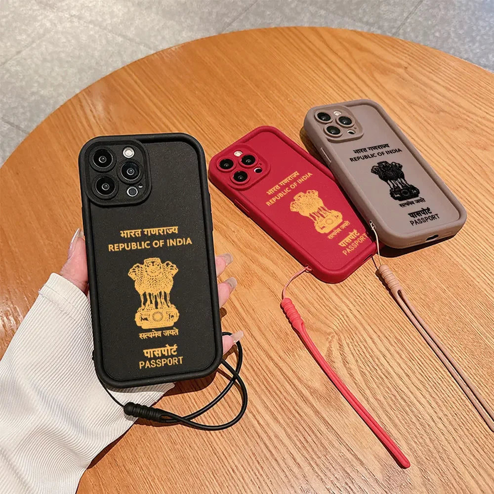 India Passport Phone Case for IPhone 16 15 14 13 12 11 Pro Max Mini XR XS X 7 8 Plus Soft TPU Back Cover With Hand Strap