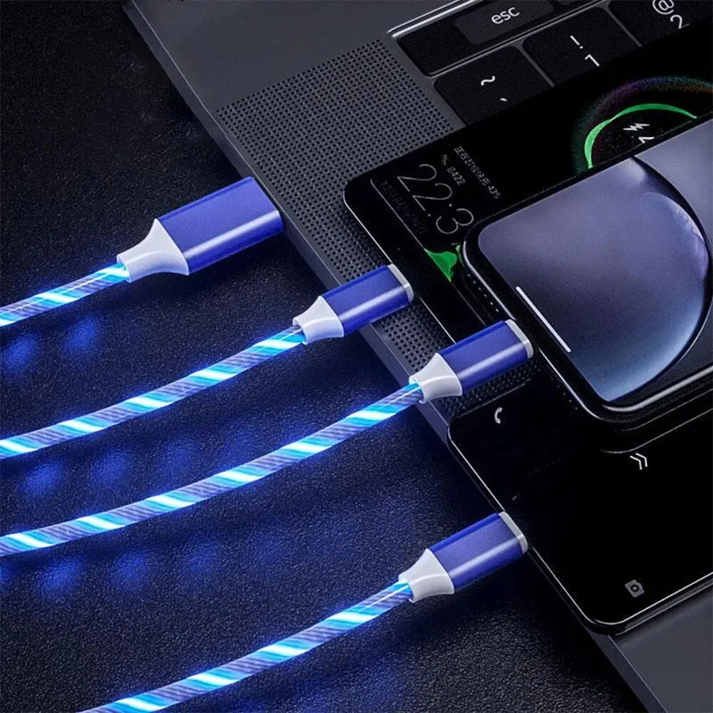 3 in 1 Fast Charging Cable with LED Lighting, 3A, Micro USB Type C, for IPhone, Samsung, Xiaomi, Phone Charger