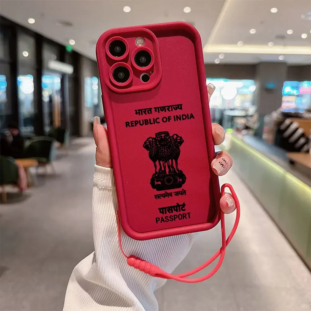 India Passport Phone Case for IPhone 16 15 14 13 12 11 Pro Max Mini XR XS X 7 8 Plus Soft TPU Back Cover With Hand Strap