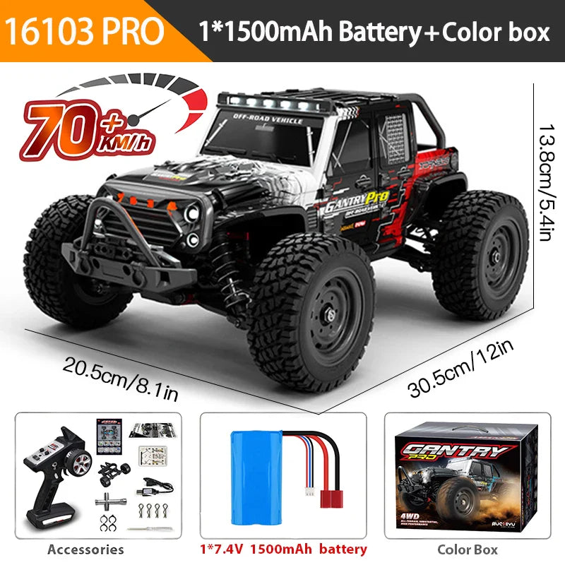 16103PRO 2.4GHz RC Car 70KM/H: Brushless 1:16 4WD Off-Road Vehicle with LED
