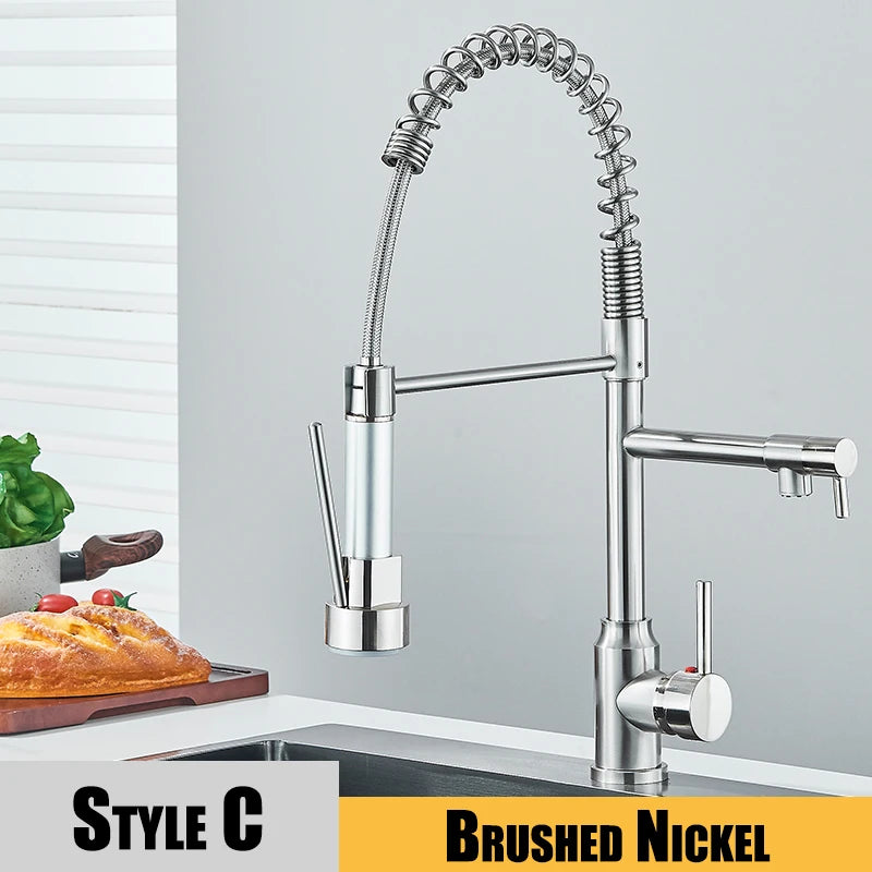 Nickel Kitchen Sink Faucet Pull Down Hot and Cold Water Mixer2 Mode Tap with Dual Spout 360 Rotation Flexible Deck Mounted - THOOBO!