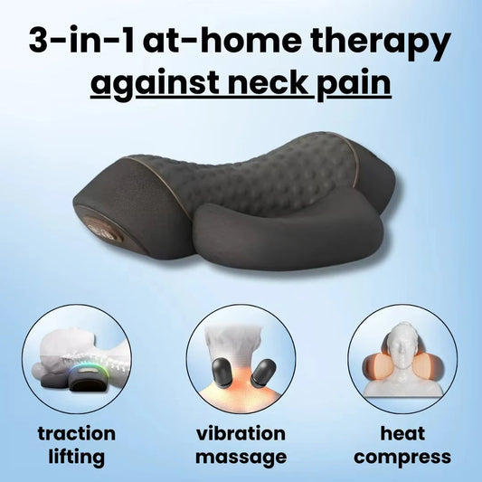 Neck-Fiesta Fusion: 3-in-1 Heat, Vibe & Stretch Pillow for Legends Who Carry It All