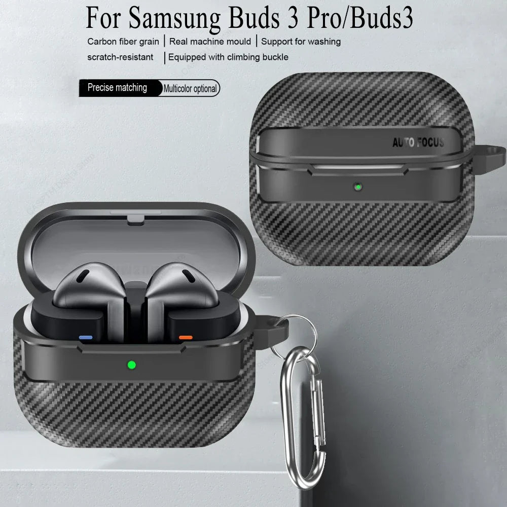 2024 New TPU Cover For Samsung Galaxy Buds 3 Pro Buzz 3 Pro Buds3 Pro Case Carbon Fibre Pattern PC Protective Cases With Hook